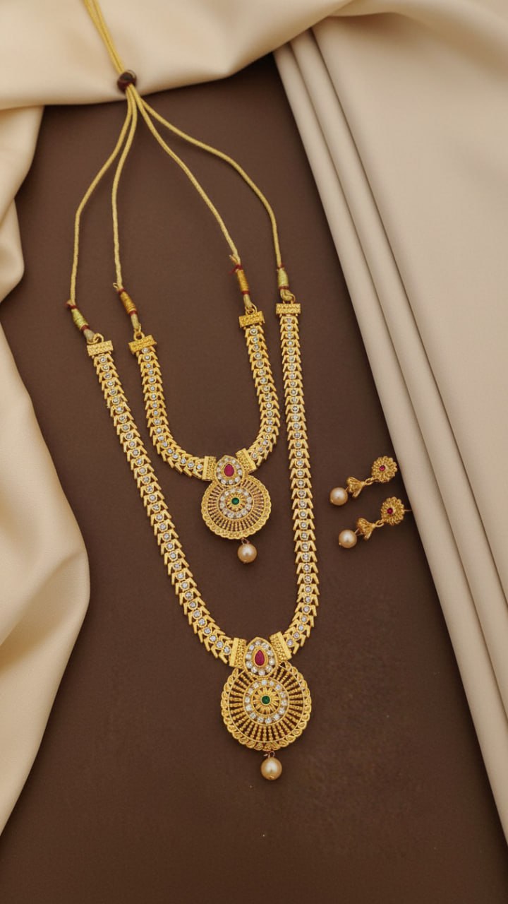 Bridal Gold Necklace Set with Ruby & Green Stone Temple Pendant