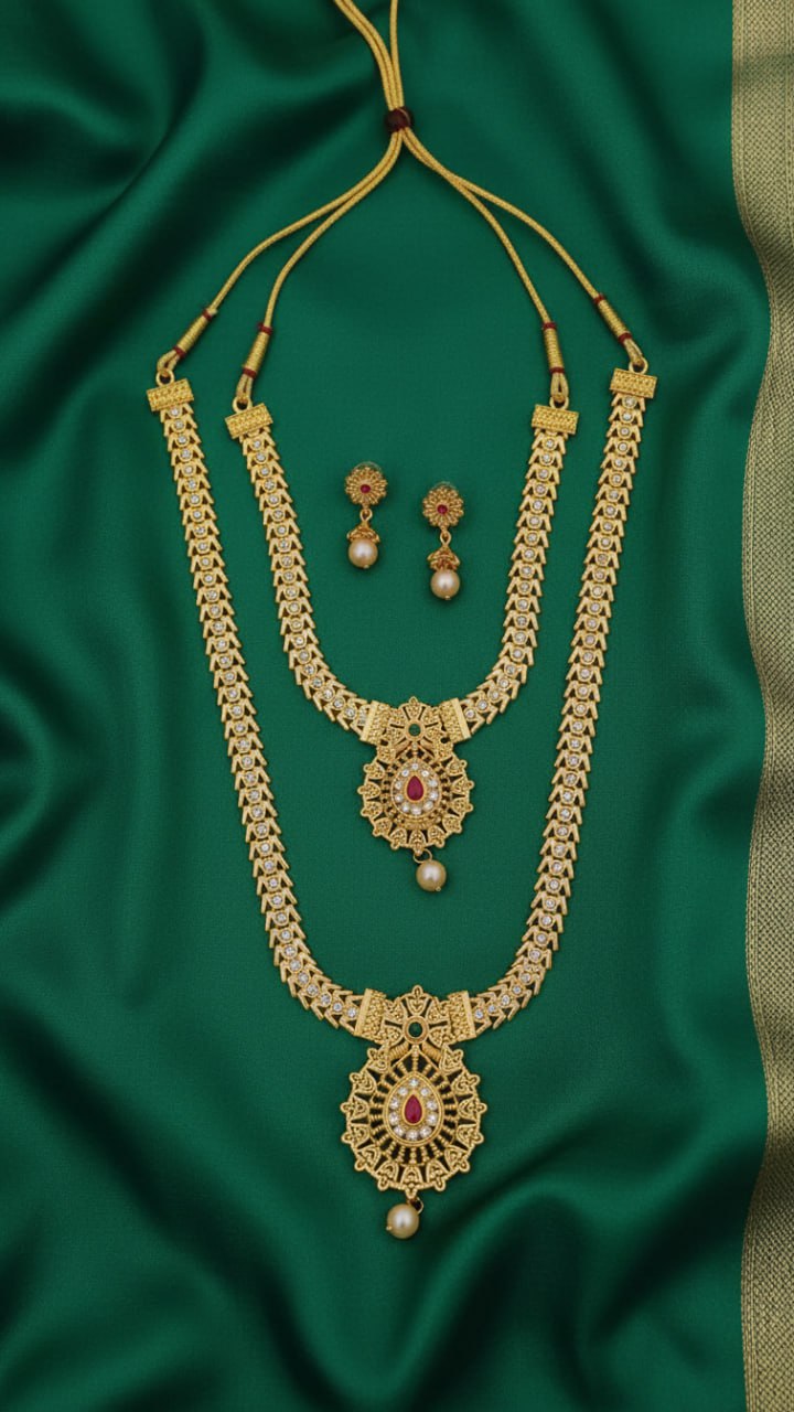 Bridal Gold Necklace Set with Temple Design & Ruby Pendant