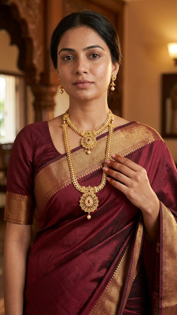 Bridal Gold Necklace Set with Temple Design & Ruby Pendant