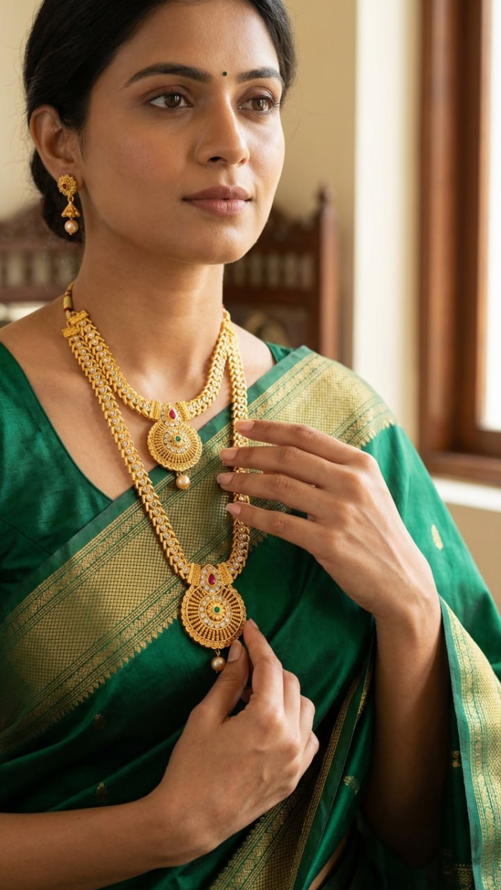 Bridal Gold Necklace Set with Ruby & Green Stone Temple Pendant