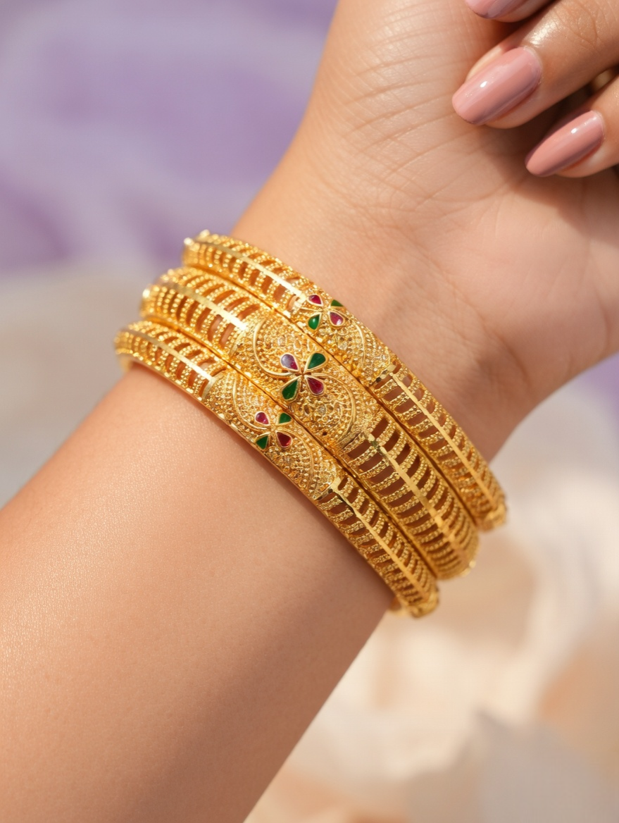 Contemporary Linear Design Gold Bangles