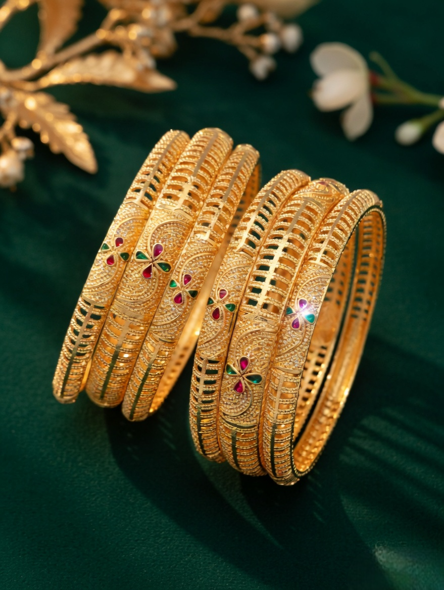 Contemporary Linear Design Gold Bangles