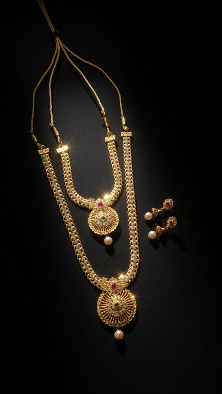 Bridal Gold Necklace Set with Ruby & Green Stone Temple Pendant