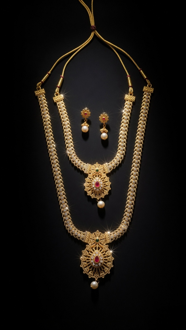 Bridal Gold Necklace Set with Temple Design & Ruby Pendant